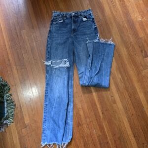 Zara Blue Distressed Women's Straight-Leg Frayed Hem Jeans